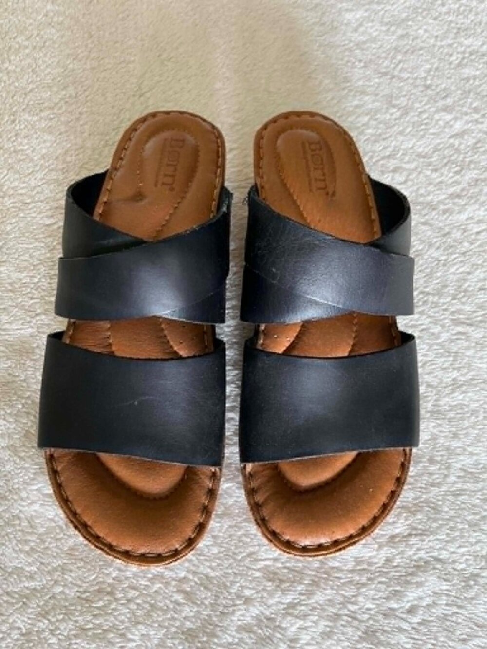 Born Women's Black Leather Slip-on Sandals Wide Crossover Bands size 9